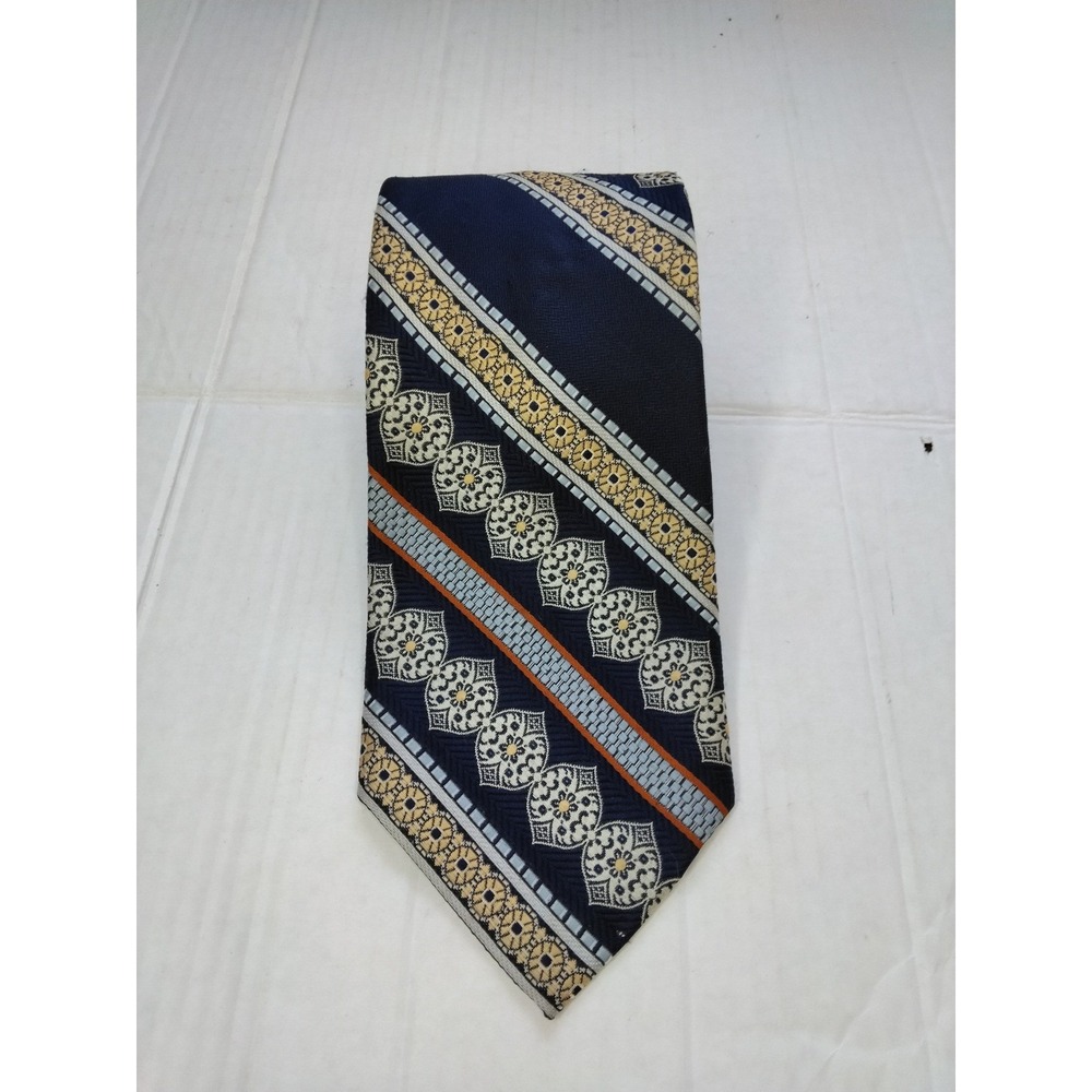 Vintage Dino Orsini Tie Medallion Stripe Navy Gold Trevira Polyester 70s ACWA - Picture 5 of 6
